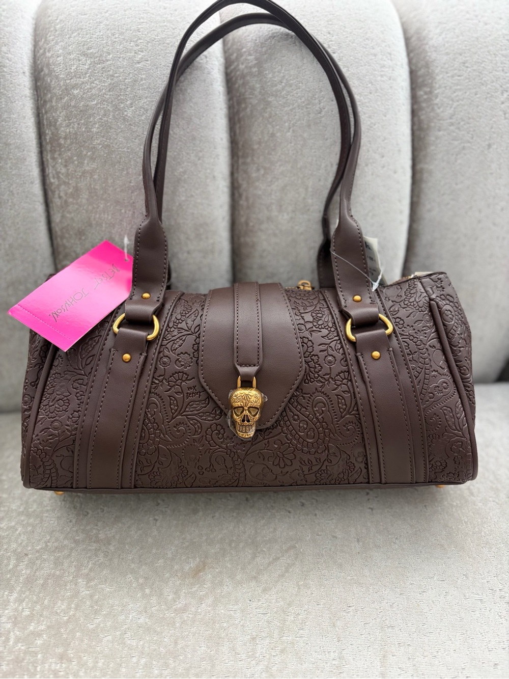NWT: Brown Gold Betsey Johnson Embossed XOCARMY Skull Shoulder Bag